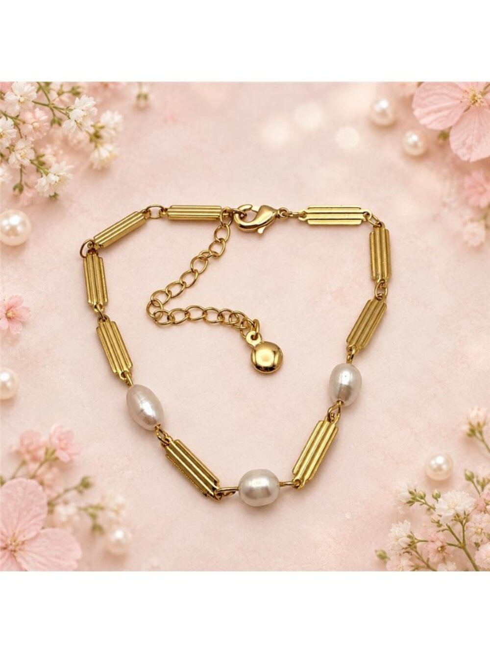Natural Pearl Gold Tone Fluted Bar Link Chain Bracelet Adjustable 7-8.5 In